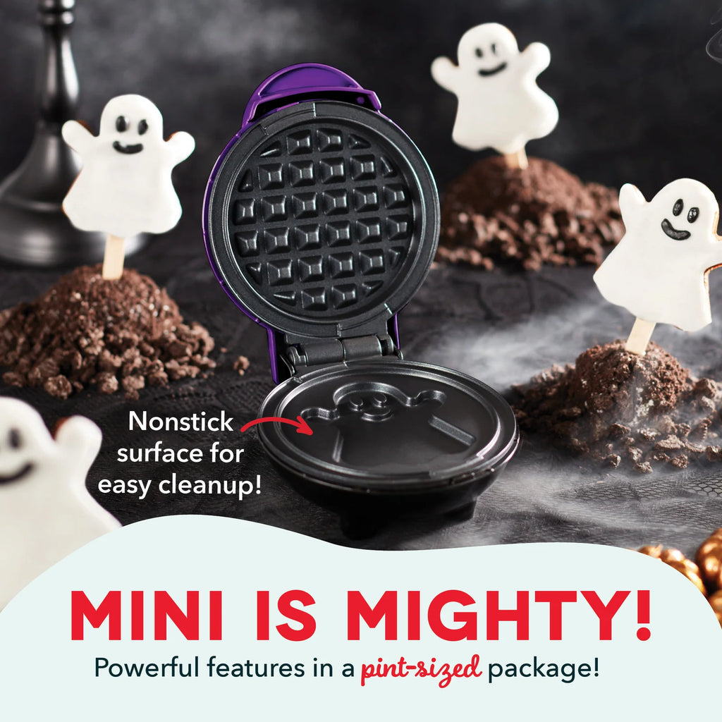 Mini Waffle Maker with Ghost Print, 4-Inch Nonstick Cooking Surface, Compact 350-Watt Breakfast Appliance