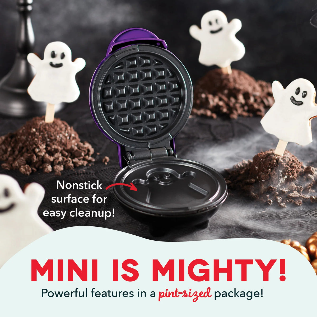 Mini Waffle Maker with Ghost Print, 4-Inch Nonstick Cooking Surface, Compact 350-Watt Breakfast Appliance