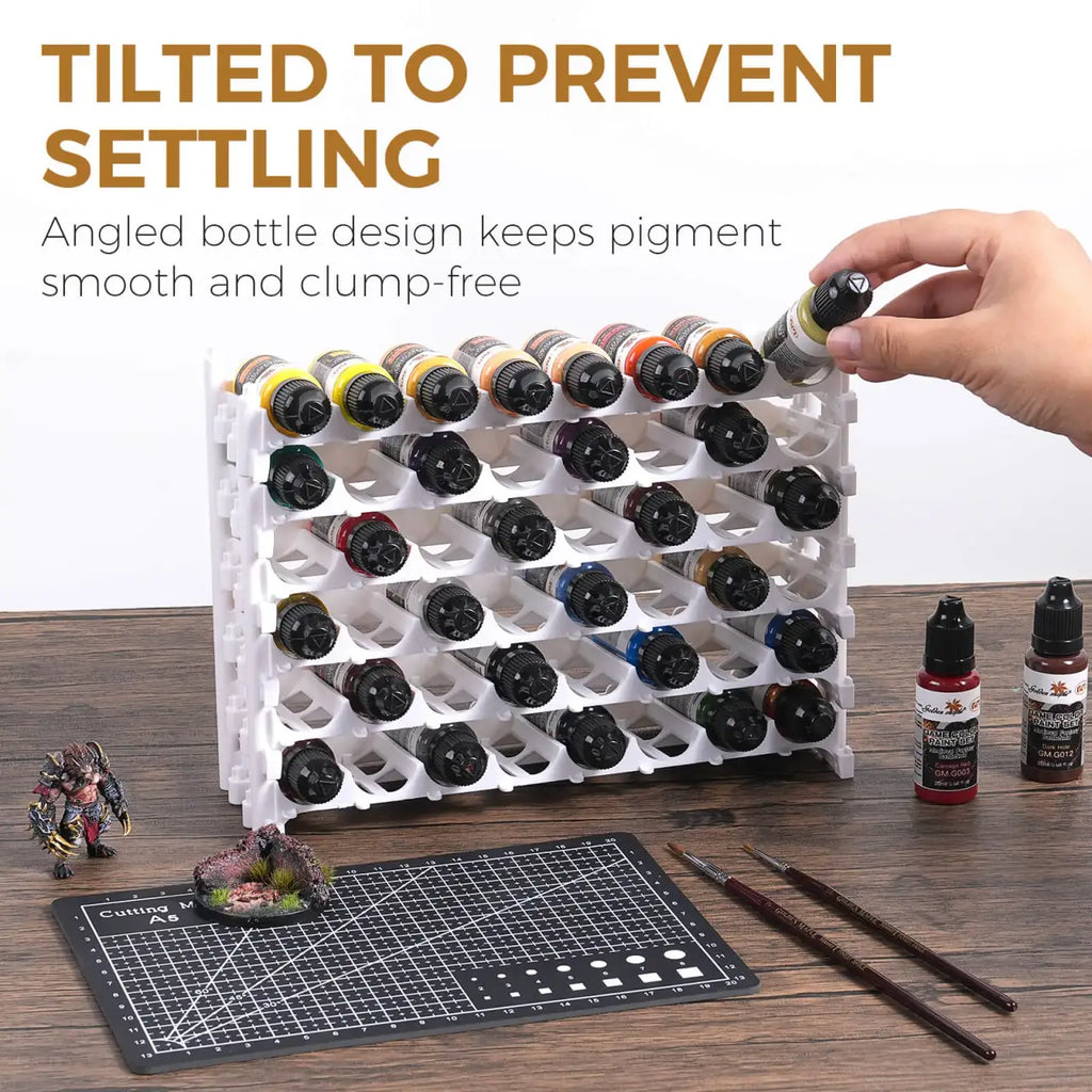 Miniature Paint Organizer Rack with Angled Bottle Holders and Stackable Storage for Your Hobby Desk