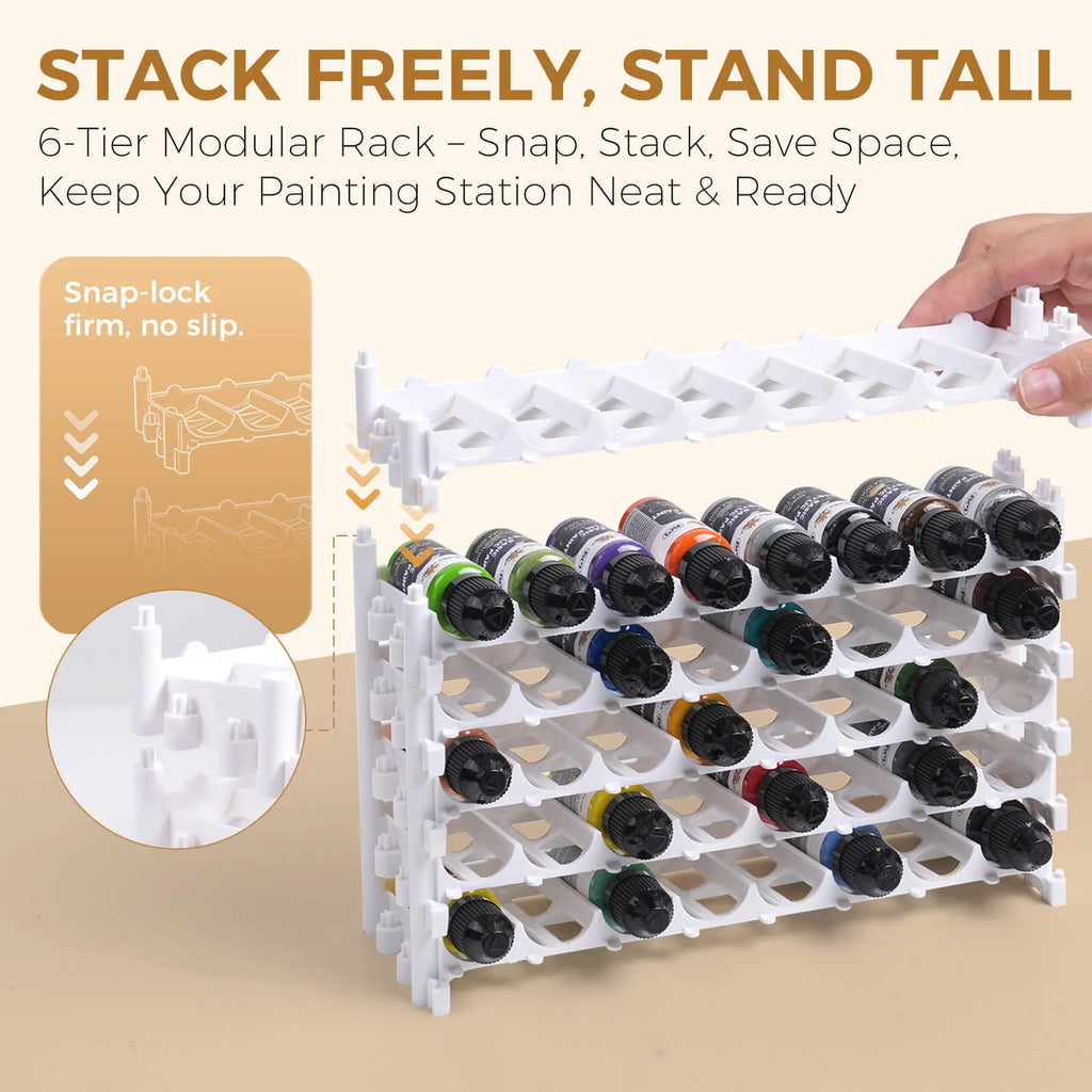 Miniature Paint Organizer Rack with Angled Bottle Holders and Stackable Storage for Your Hobby Desk