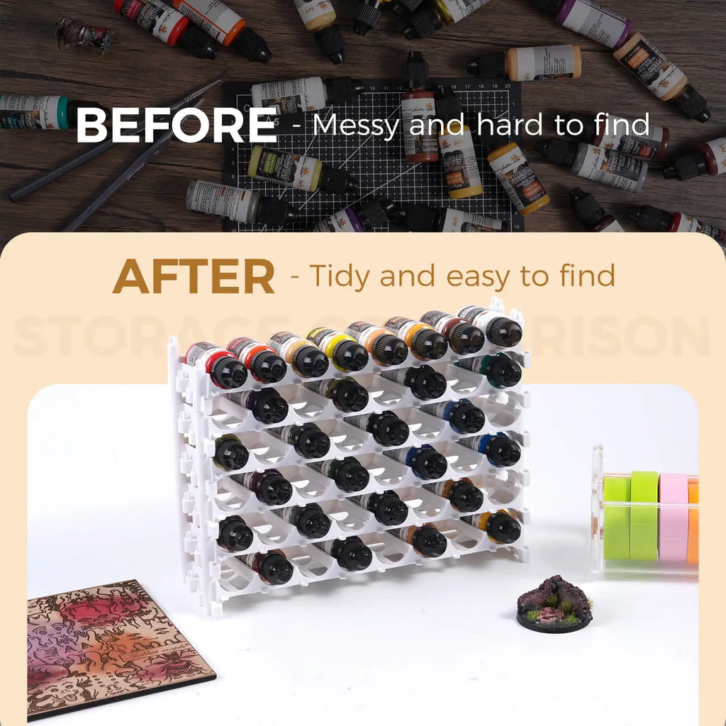 Miniature Paint Organizer Rack with Angled Bottle Holders and Stackable Storage for Your Hobby Desk