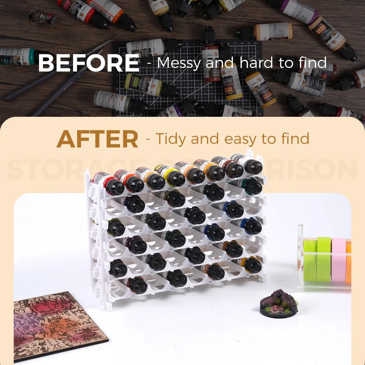Miniature Paint Organizer Rack with Angled Bottle Holders and Stackable Storage for Your Hobby Desk