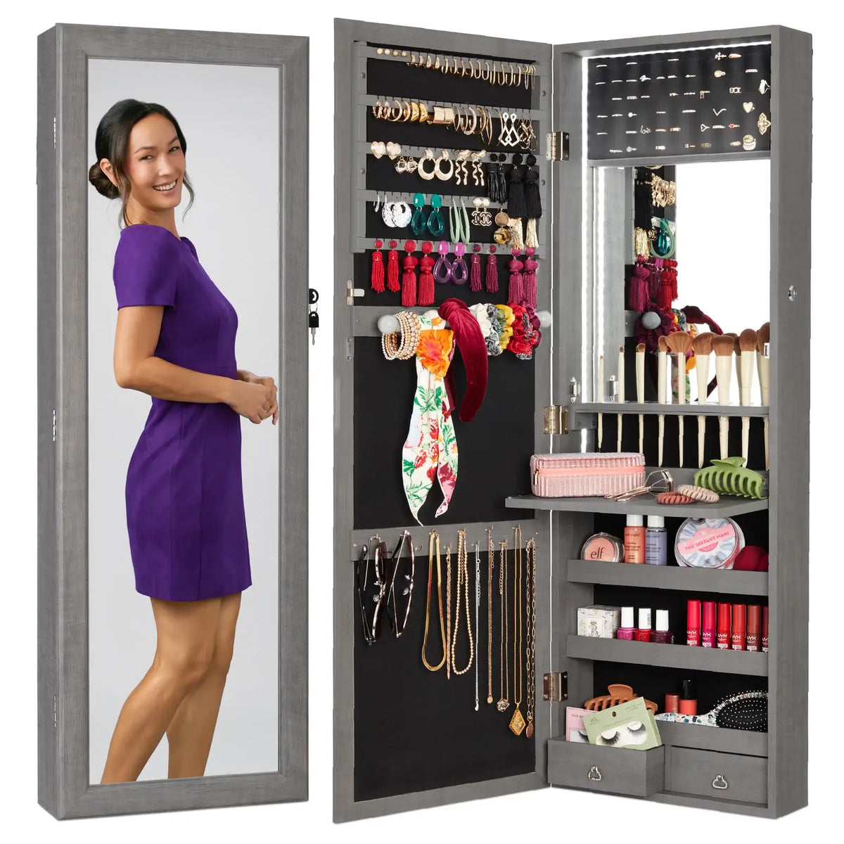 Mirror Jewelry Cabinet, Gray Oak