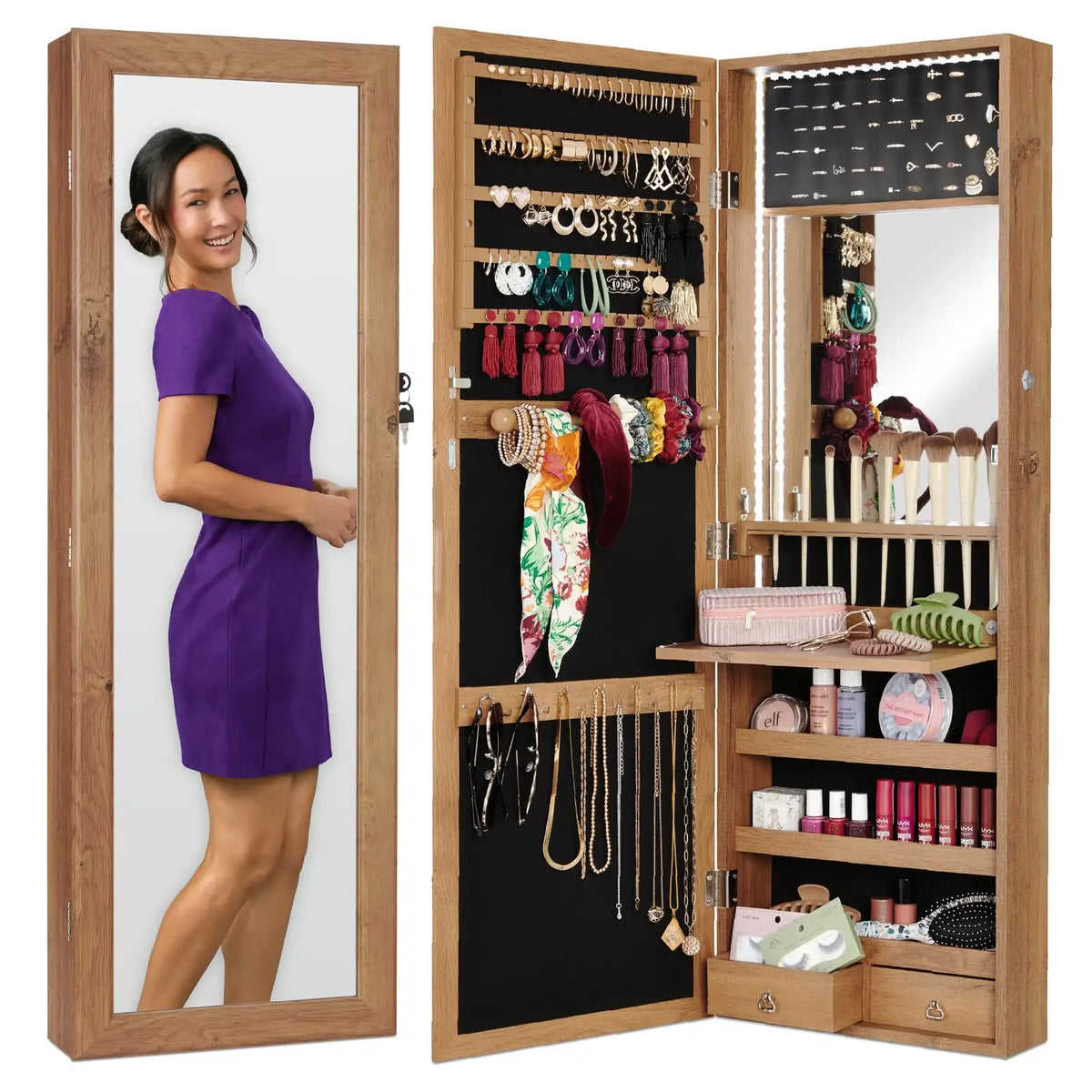 Mirror Jewelry Cabinet, Rustic Brown