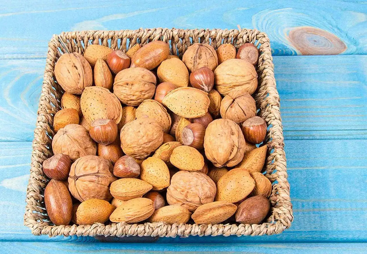 Mixed Nuts in Shell for Snacking and Baking, Raw Walnuts, Pecans, Almonds and Hazelnuts Grown in the US