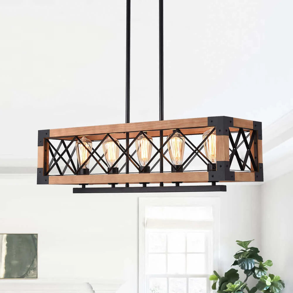 Modern Farmhouse 5-Light Wood Box Linear Chandelier with Black Metal Frame for Kitchen Islands and Dining Spaces