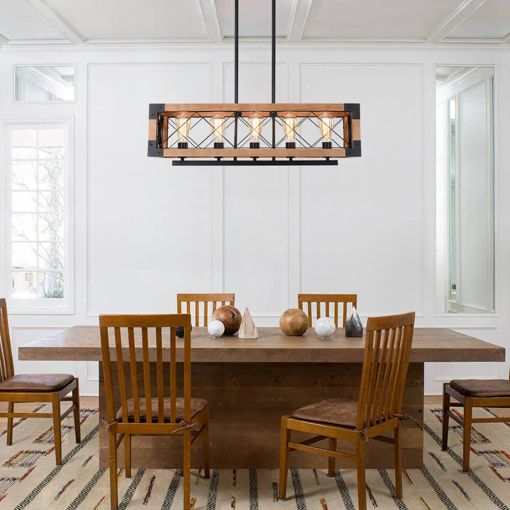 Modern Farmhouse 5-Light Wood Box Linear Chandelier with Black Metal Frame for Kitchen Islands and Dining Spaces
