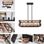 Modern Farmhouse 5-Light Wood Box Linear Chandelier with Black Metal Frame for Kitchen Islands and Dining Spaces