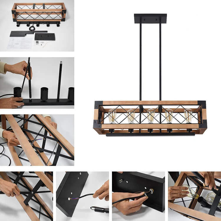 Modern Farmhouse 5-Light Wood Box Linear Chandelier with Black Metal Frame for Kitchen Islands and Dining Spaces