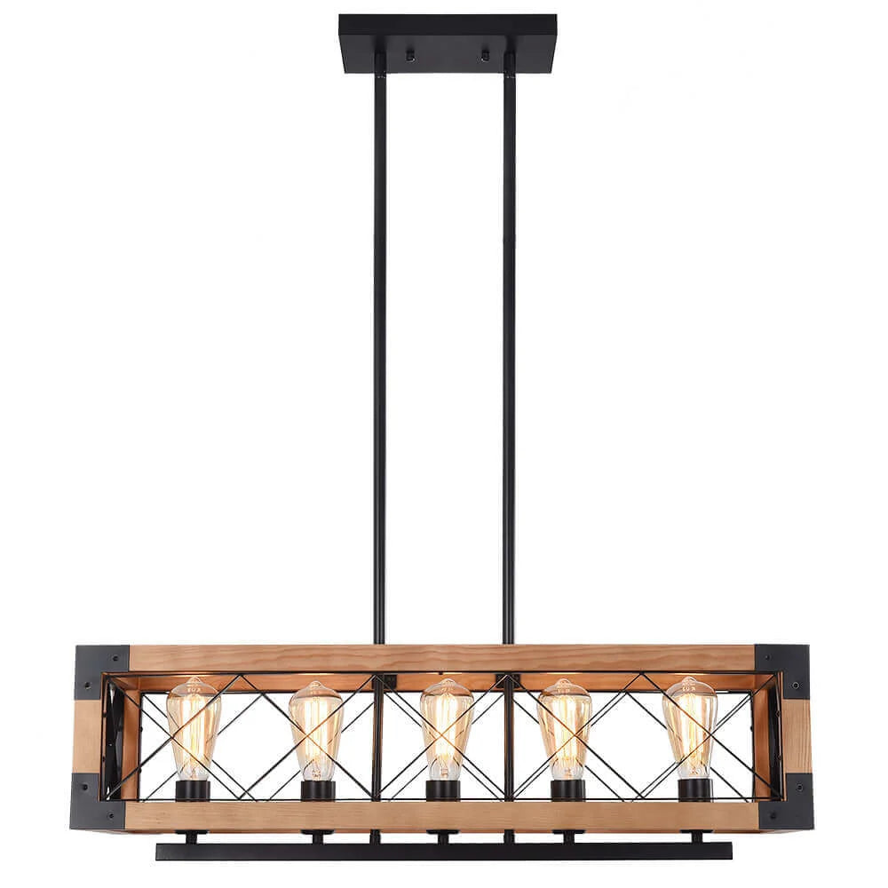 Modern Farmhouse 5-Light Wood Box Linear Chandelier with Black Metal Frame for Kitchen Islands and Dining Spaces