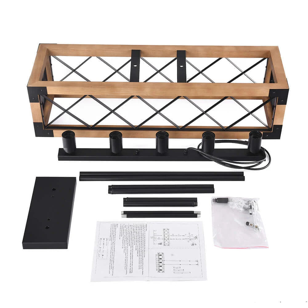Modern Farmhouse 5-Light Wood Box Linear Chandelier with Black Metal Frame for Kitchen Islands and Dining Spaces