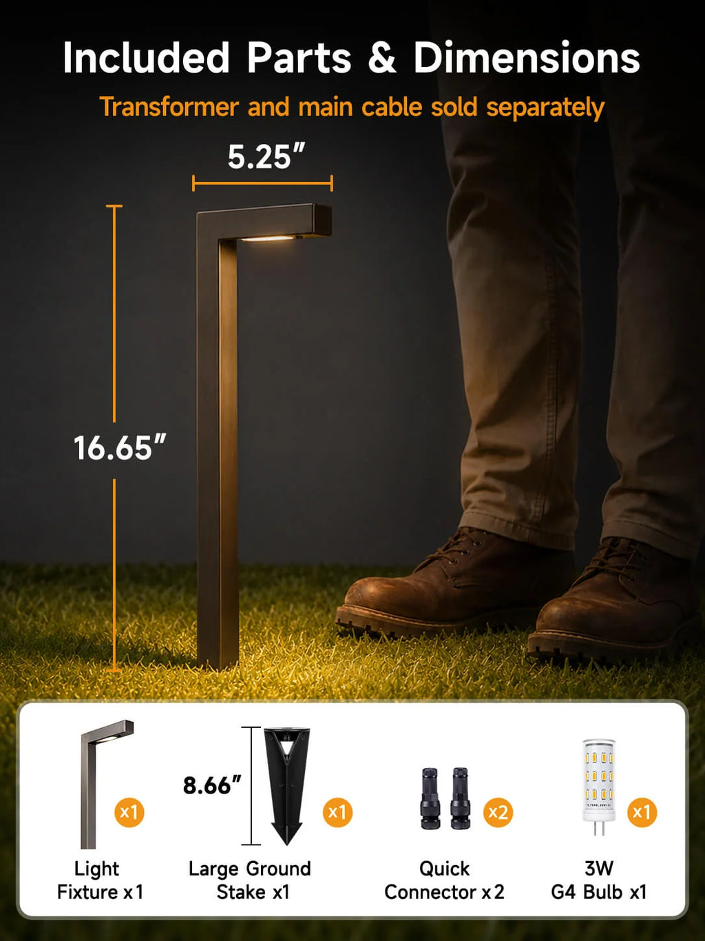 Modern L-Shape Low Voltage Landscape Path Light with Brass Fixture, Frosted Lens and Selectable Bulb