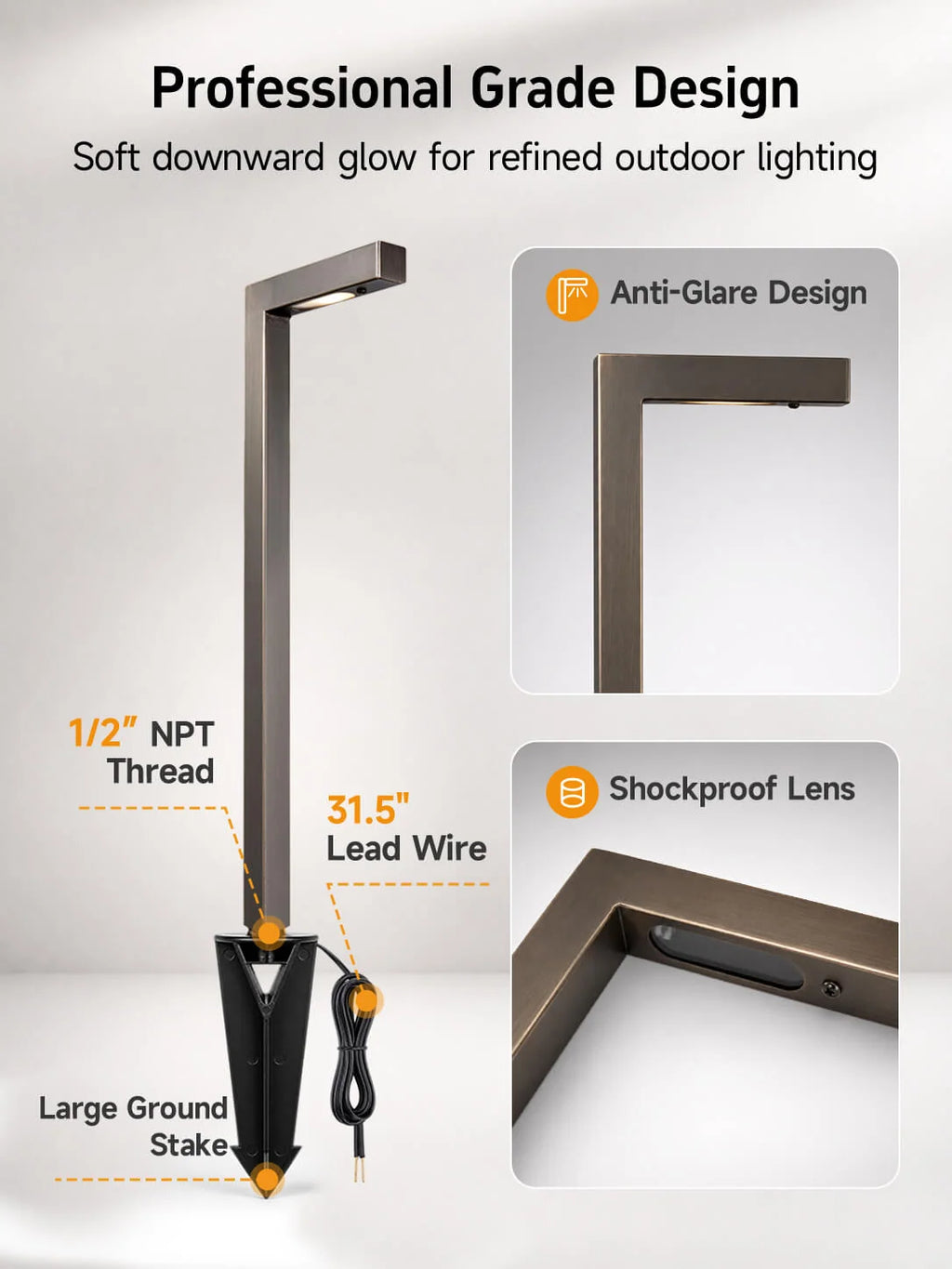 Modern L-Shape Low Voltage Landscape Path Light with Brass Fixture, Frosted Lens and Selectable Bulb