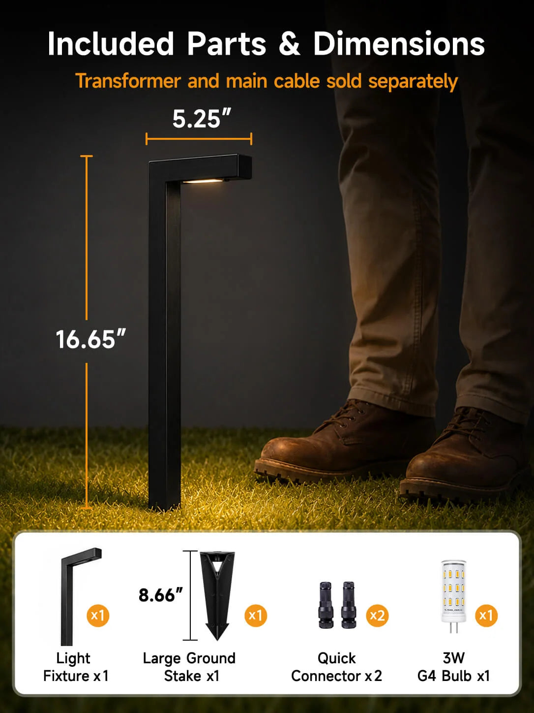 Modern L-Shape Low Voltage Landscape Path Light with Brass Fixture, Frosted Lens and Selectable Bulb
