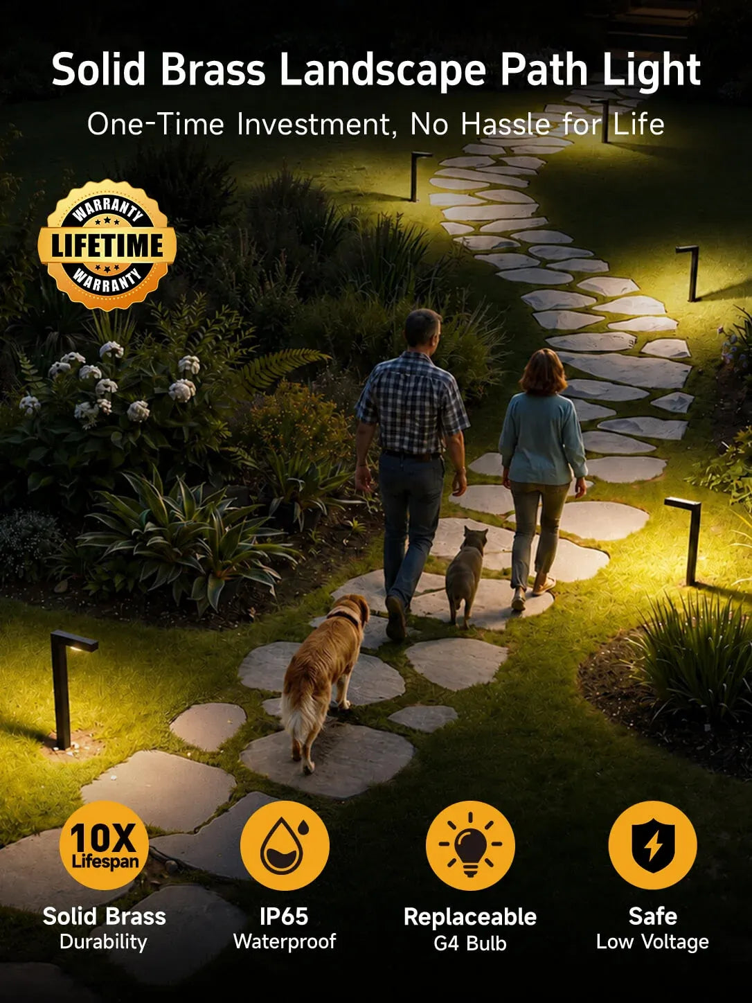Modern L-Shape Low Voltage Landscape Path Light with Brass Fixture, Frosted Lens and Selectable Bulb