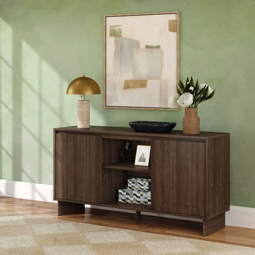 Modern Two-Door Sideboard with Three-Position Adjustable Shelves and an Open Middle Display Shelf — Walnut