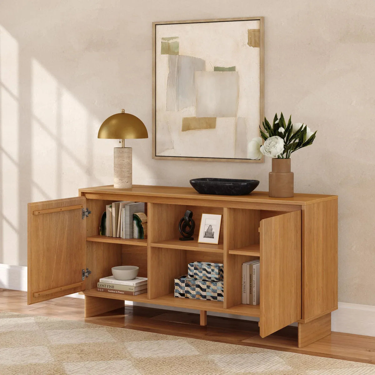 Modern Two-Door Sideboard with Three-Position Adjustable Shelves and an Open Middle Display Shelf