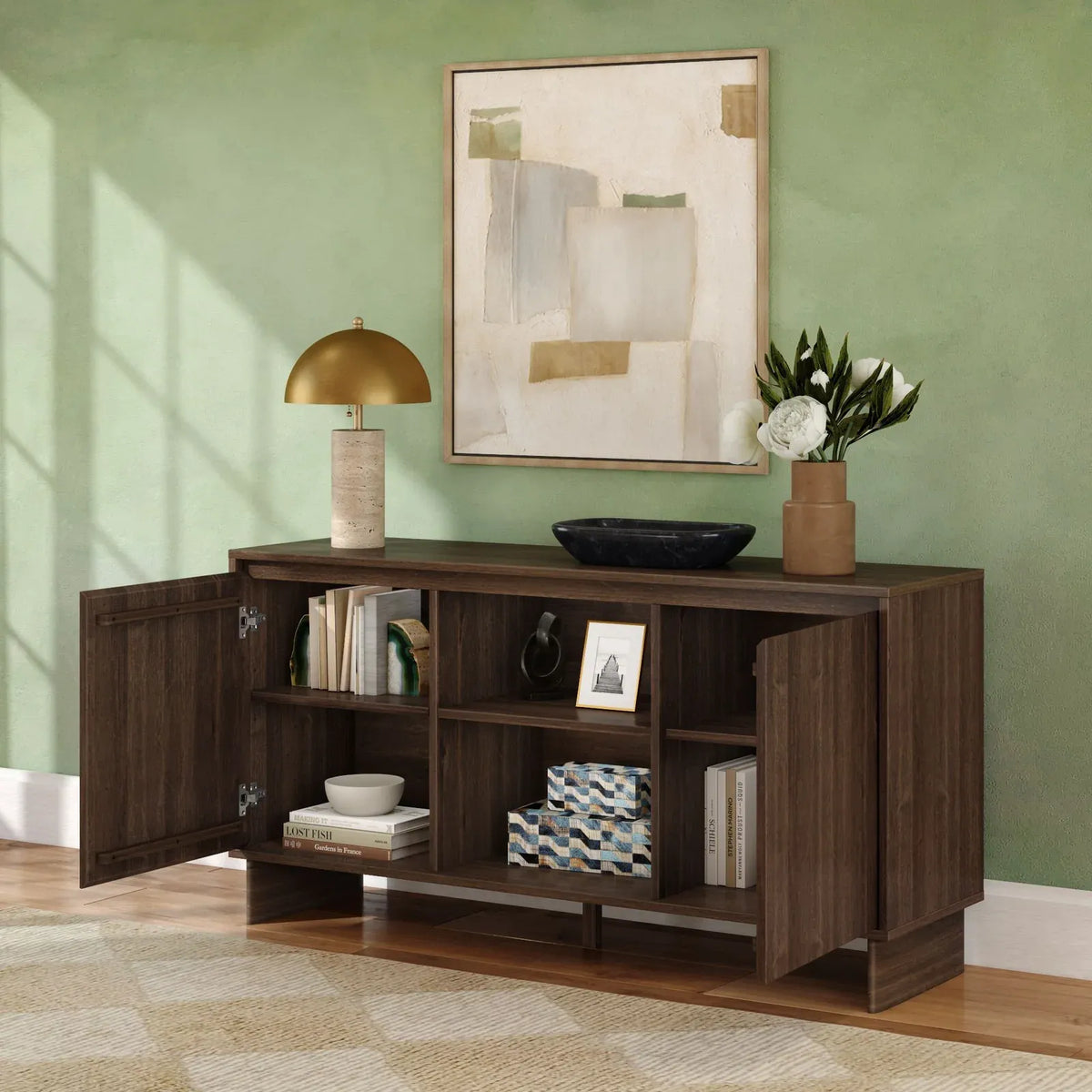 Modern Two-Door Sideboard with Three-Position Adjustable Shelves and an Open Middle Display Shelf