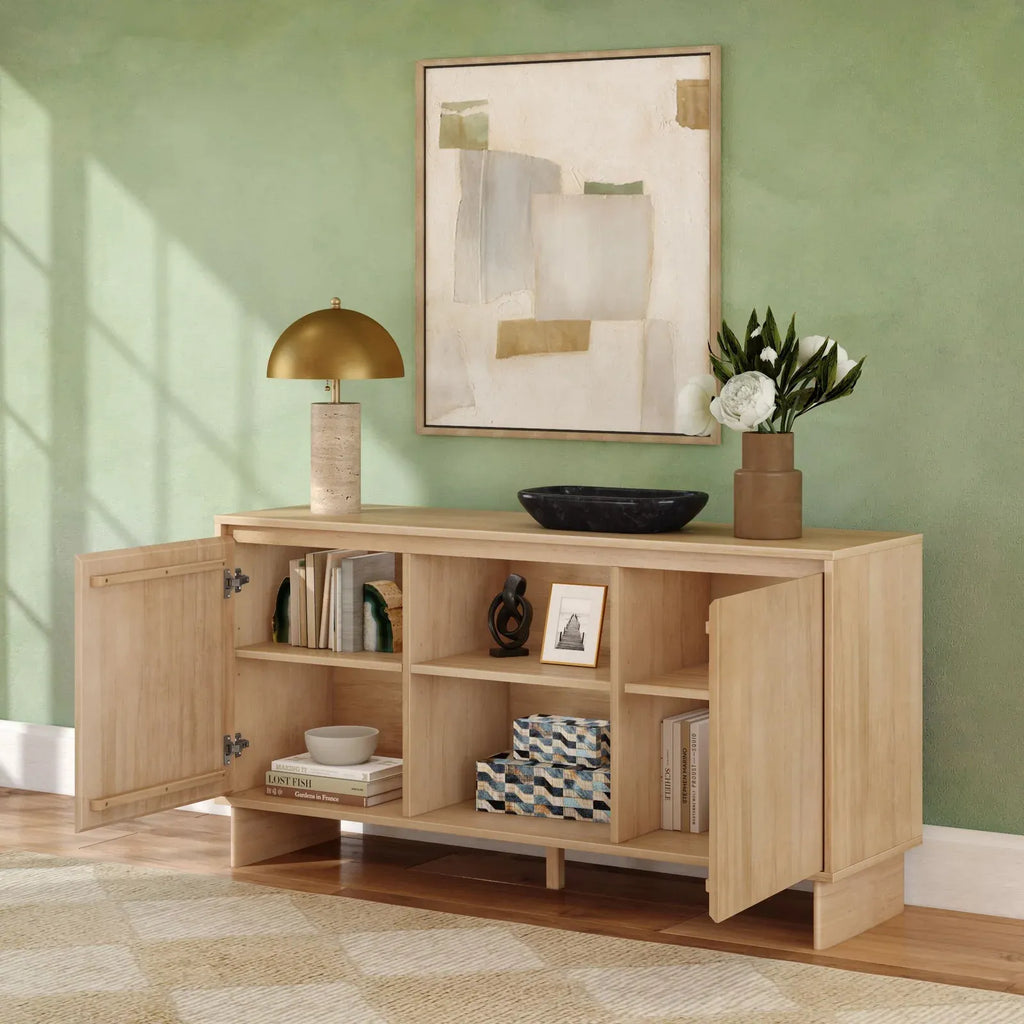 Modern Two-Door Sideboard with Three-Position Adjustable Shelves and an Open Middle Display Shelf