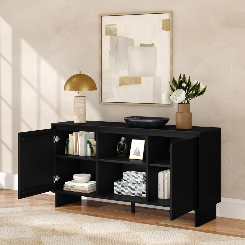 Modern Two-Door Sideboard with Three-Position Adjustable Shelves and an Open Middle Display Shelf
