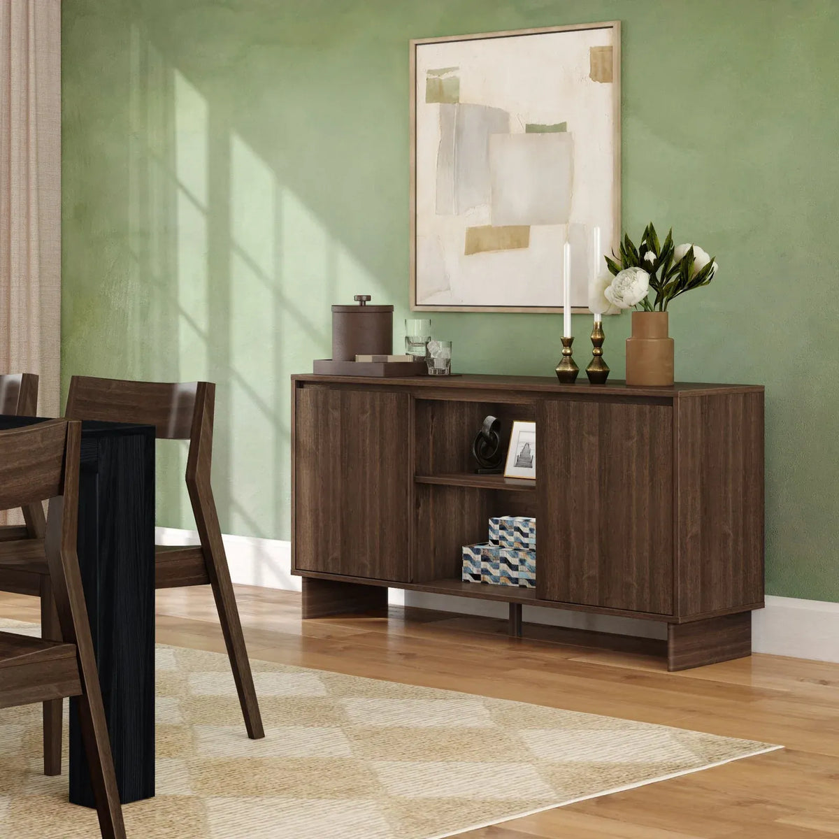 Modern Two-Door Sideboard with Three-Position Adjustable Shelves and an Open Middle Display Shelf