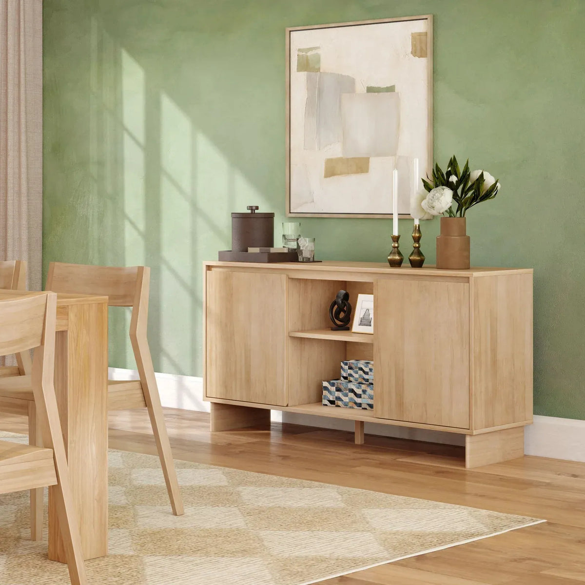 Modern Two-Door Sideboard with Three-Position Adjustable Shelves and an Open Middle Display Shelf