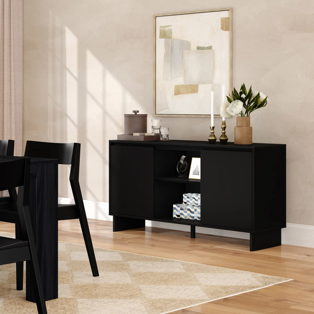 Modern Two-Door Sideboard with Three-Position Adjustable Shelves and an Open Middle Display Shelf