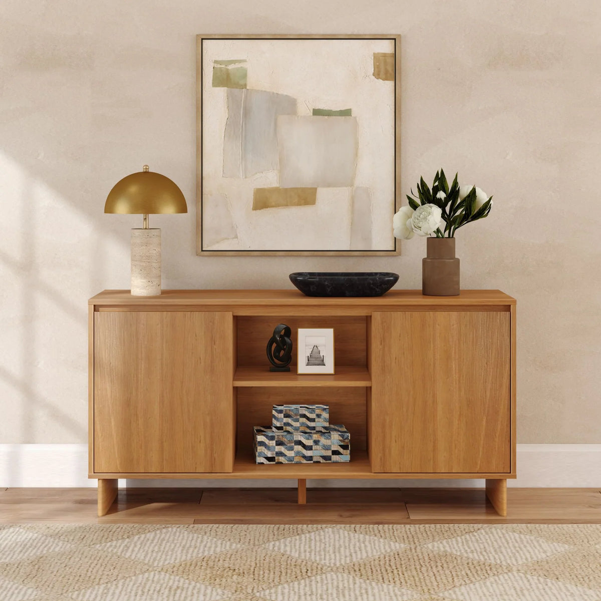Modern Two-Door Sideboard with Three-Position Adjustable Shelves and an Open Middle Display Shelf