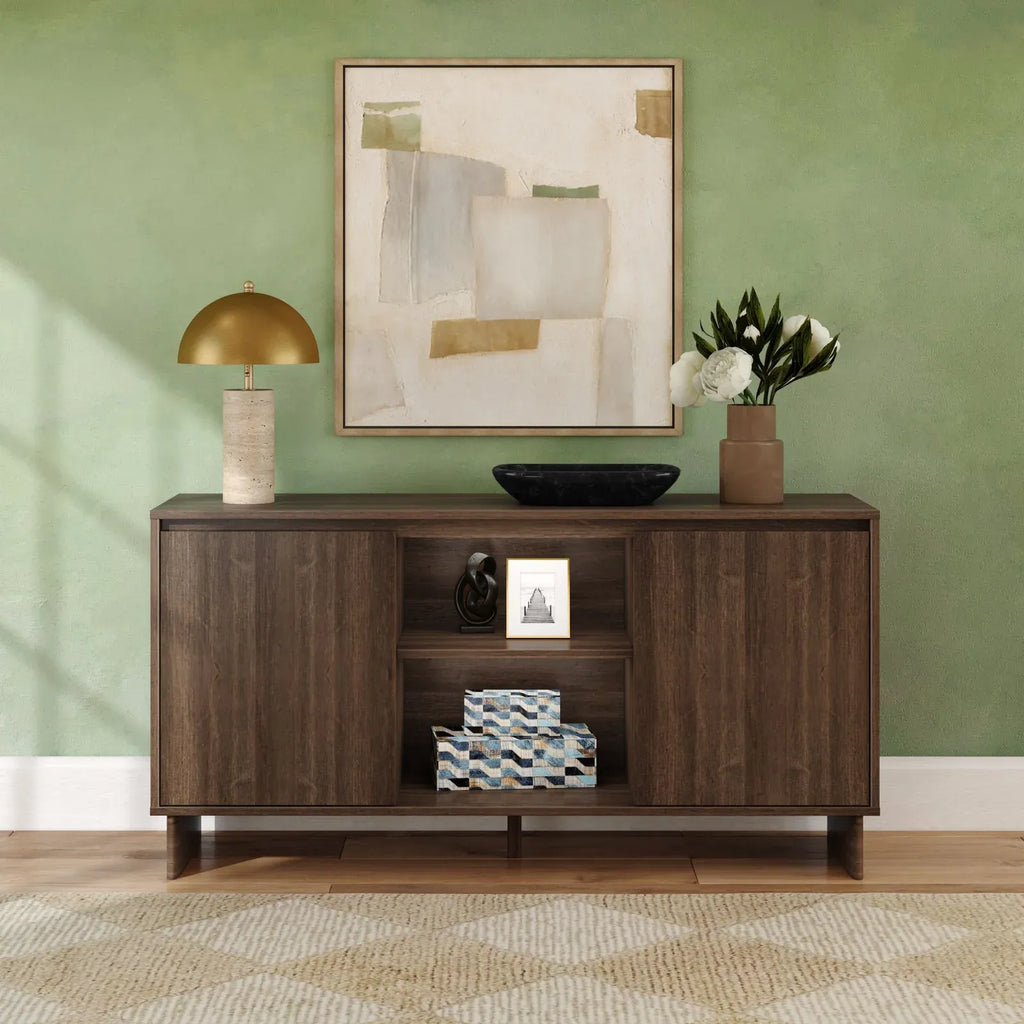 Modern Two-Door Sideboard with Three-Position Adjustable Shelves and an Open Middle Display Shelf