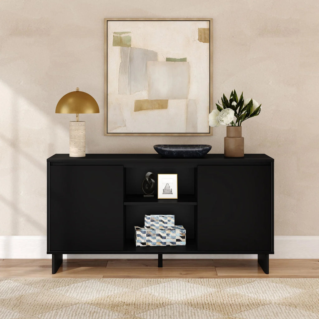 Modern Two-Door Sideboard with Three-Position Adjustable Shelves and an Open Middle Display Shelf