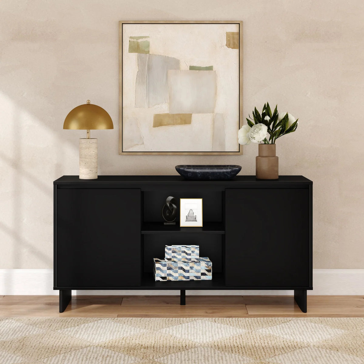 Modern Two-Door Sideboard with Three-Position Adjustable Shelves and an Open Middle Display Shelf