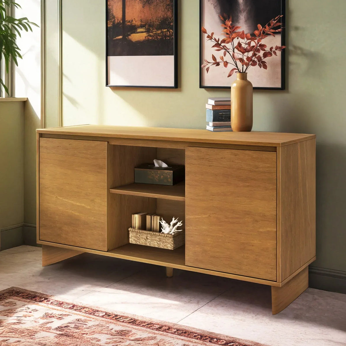 Modern Two-Door Sideboard with Three-Position Adjustable Shelves and an Open Middle Display Shelf