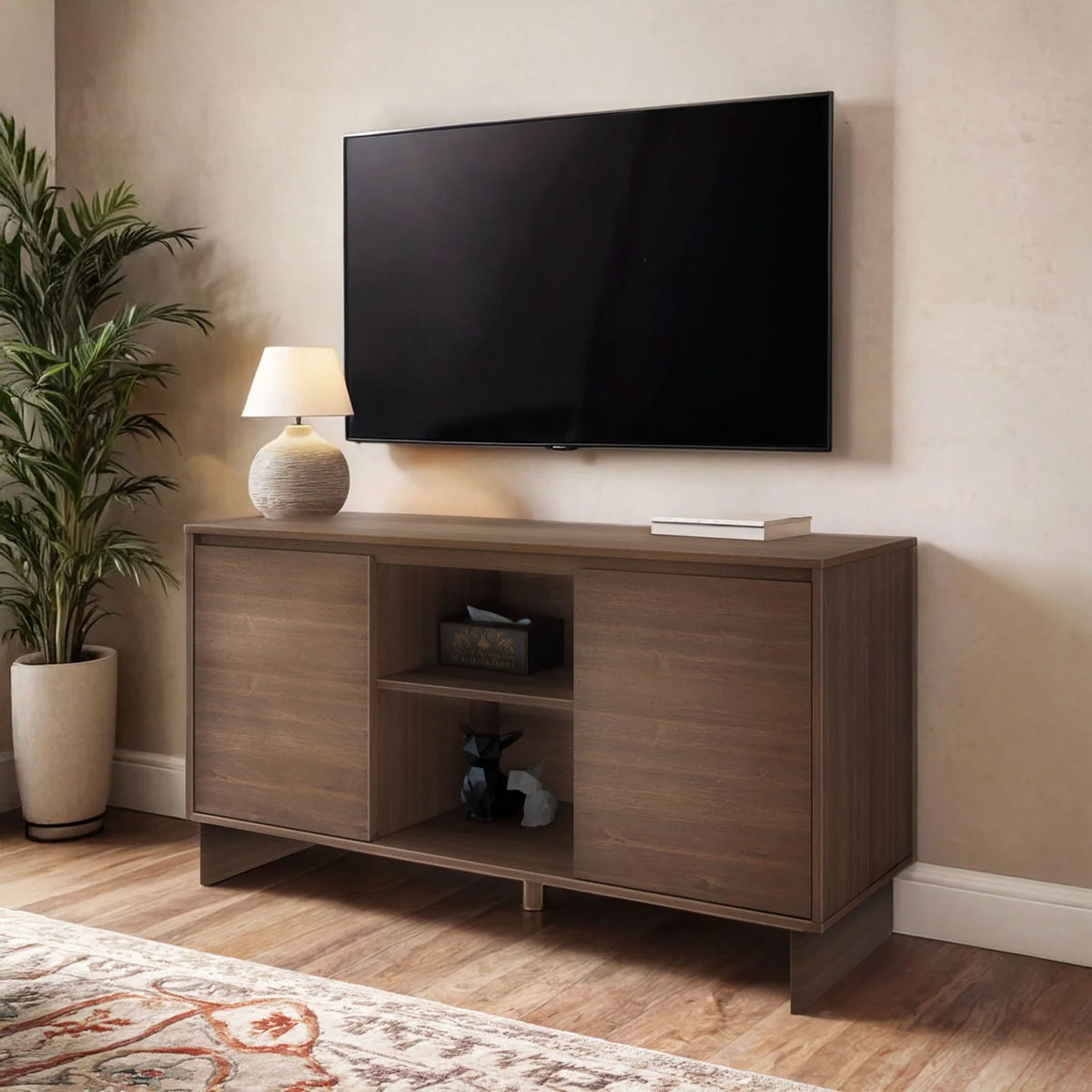 Modern Two-Door Sideboard with Three-Position Adjustable Shelves and an Open Middle Display Shelf