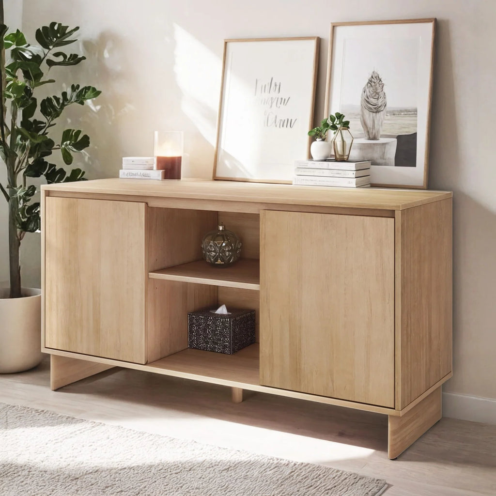 Modern Two-Door Sideboard with Three-Position Adjustable Shelves and an Open Middle Display Shelf