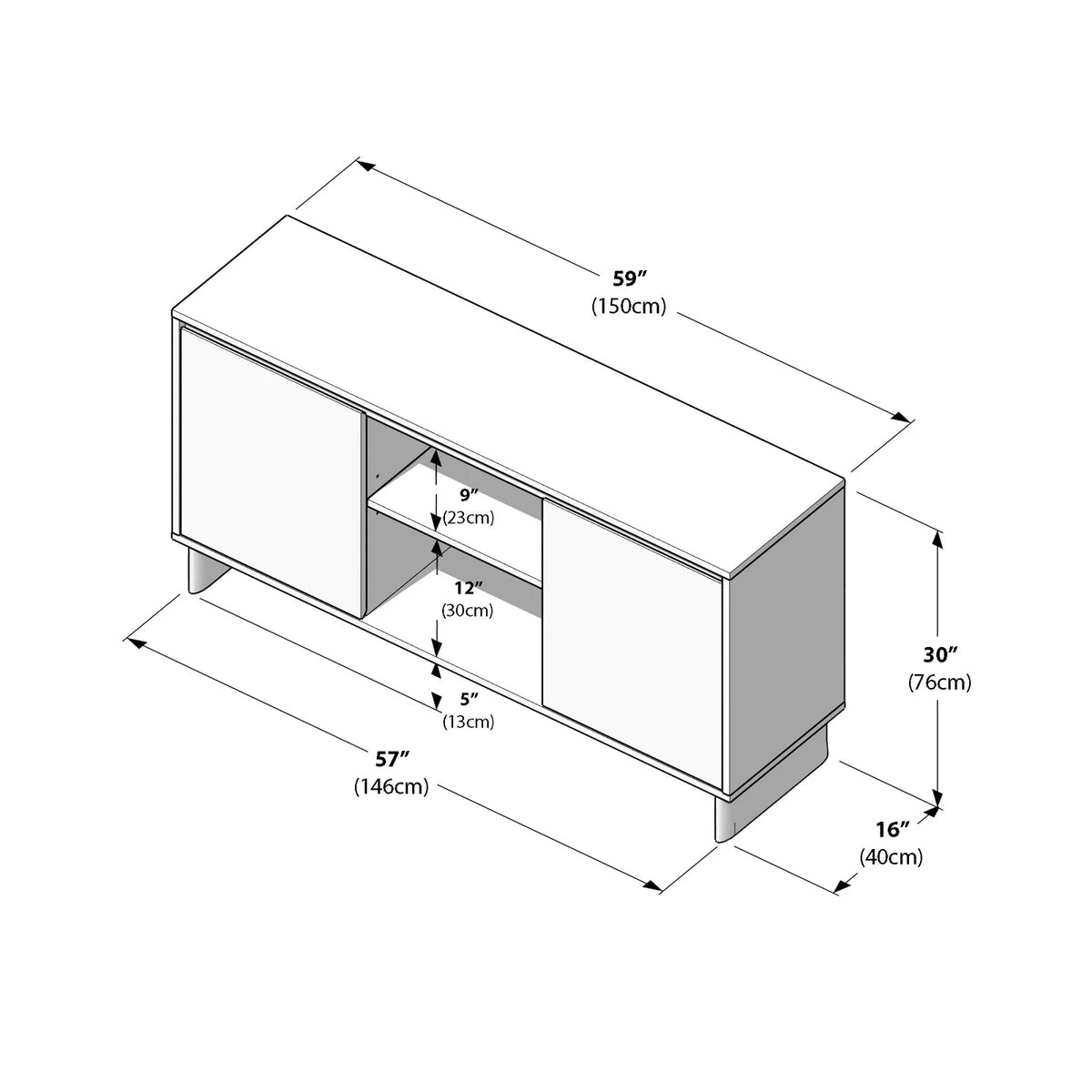 Modern Two-Door Sideboard with Three-Position Adjustable Shelves and an Open Middle Display Shelf