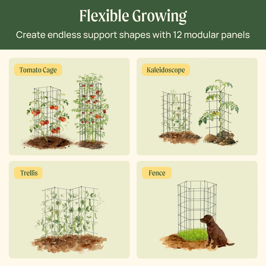 Modular Plant Trellis System with 12 Adjustable Panels, Flat-Folding Storage and Heavy-Harvest Support
