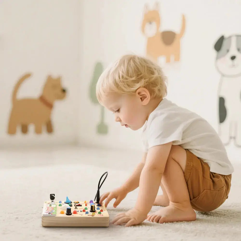 Montessori Busy Board for Toddlers with Interactive Lights, Switches, Buttons and Sensory Activities for Independent Play