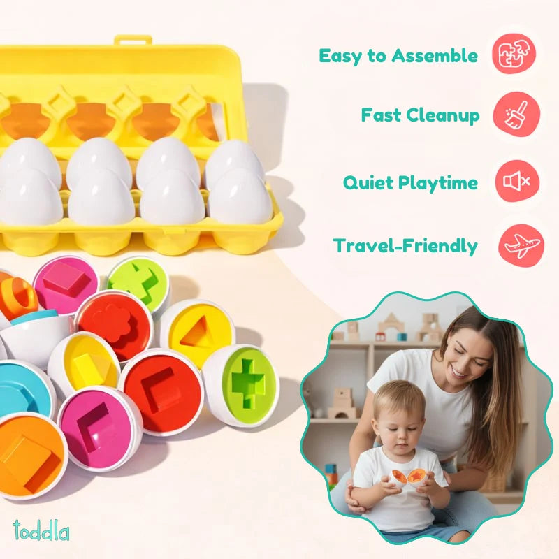 Montessori Geometric Eggs for Toddlers, Color and Shape Matching Learning Toy with Compact Storage Case