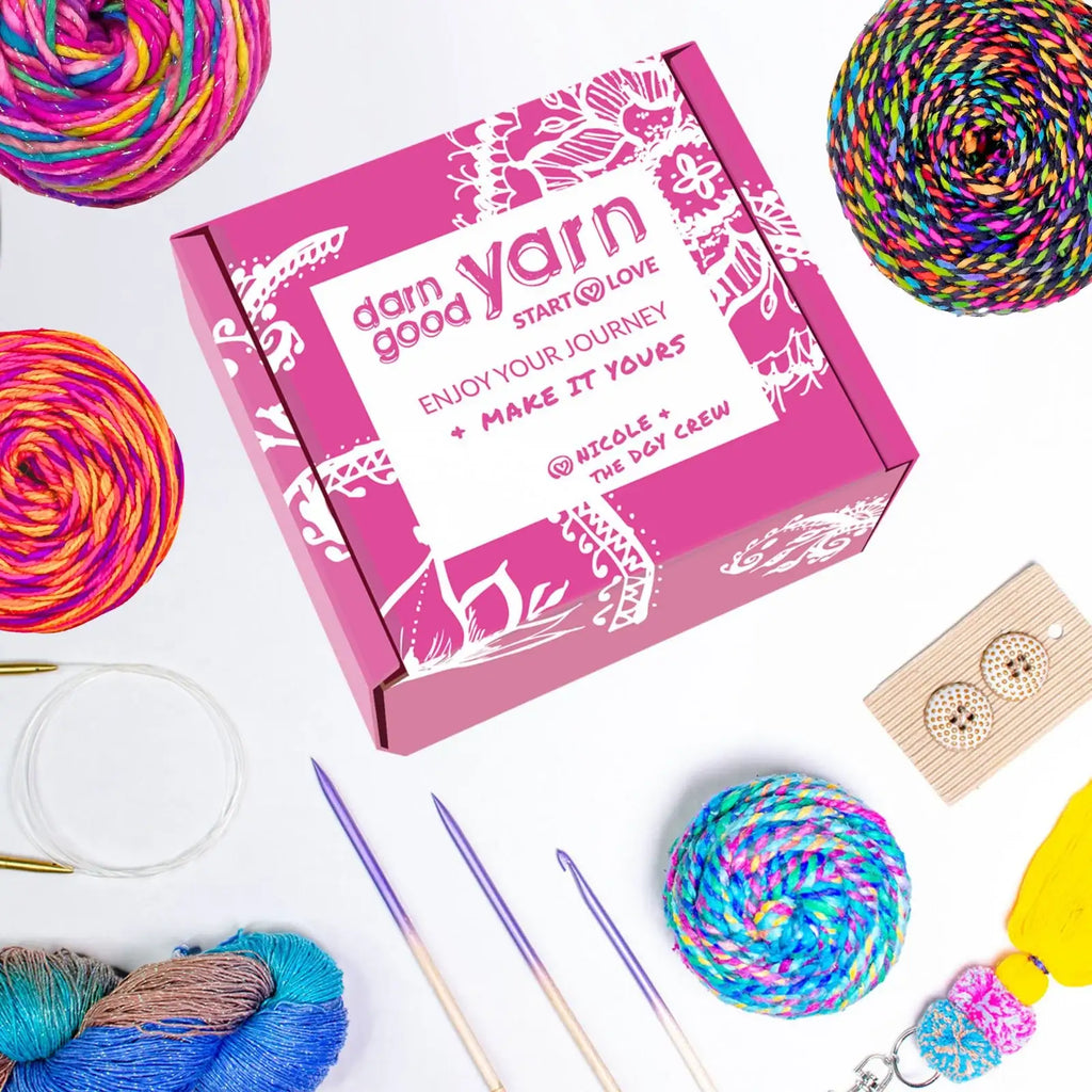 Monthly Yarn Subscription Box with Three Hand-Dyed Recycled Silk Skeins and a Themed Craft Pattern