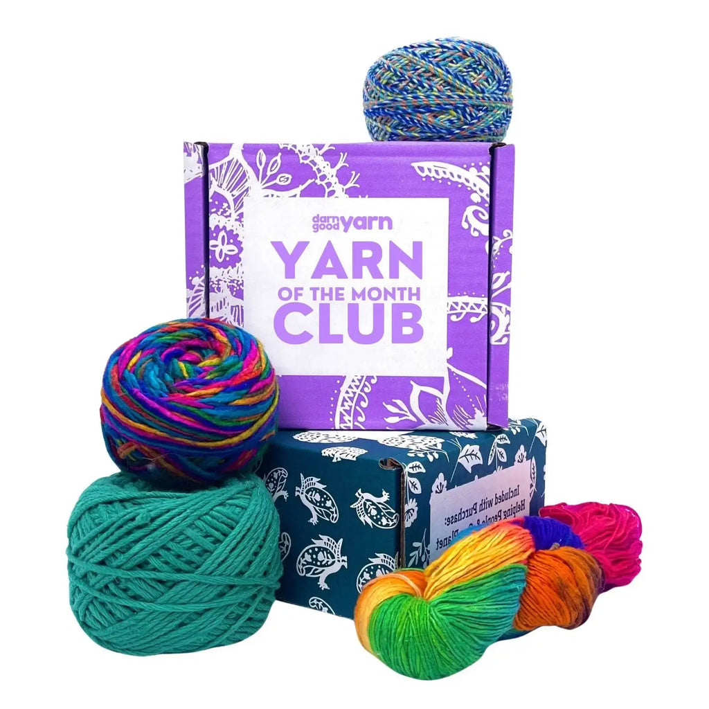 Monthly Yarn Subscription Box with Three Hand-Dyed Recycled Silk Skeins and a Themed Craft Pattern