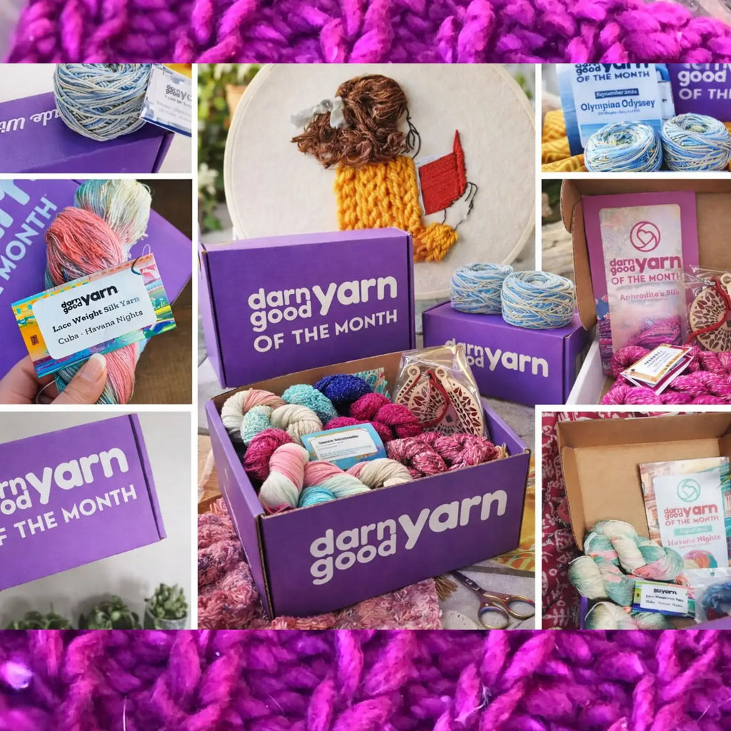 Monthly Yarn Subscription Box with Three Hand-Dyed Recycled Silk Skeins and a Themed Craft Pattern