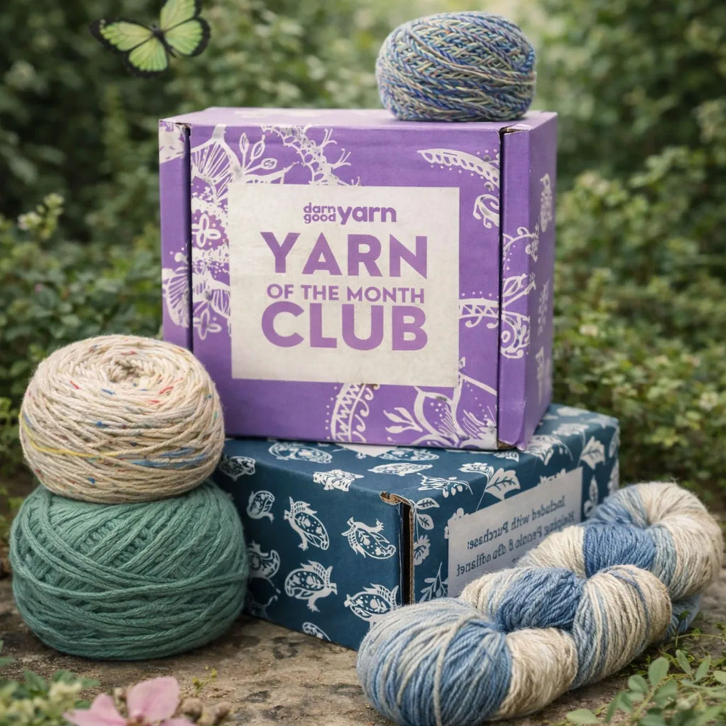 Monthly Yarn Subscription Box with Three Hand-Dyed Recycled Silk Skeins and a Themed Craft Pattern