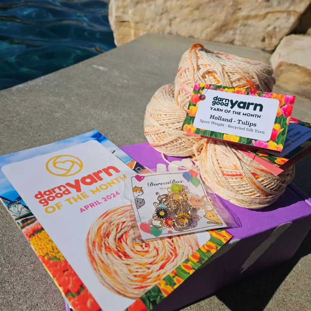 Monthly Yarn Subscription Box with Three Hand-Dyed Recycled Silk Skeins and a Themed Craft Pattern