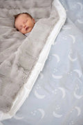 Moon and Stars Plush Blanket with Silver Gray Design, Satin Ruffle Edge and Mini, Infant or Tween Sizes