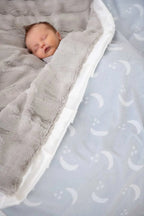 Moon and Stars Plush Blanket with Silver Gray Design, Satin Ruffle Edge and Mini, Infant or Tween Sizes