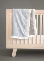 Moon and Stars Plush Blanket with Silver Gray Design, Satin Ruffle Edge and Mini, Infant or Tween Sizes