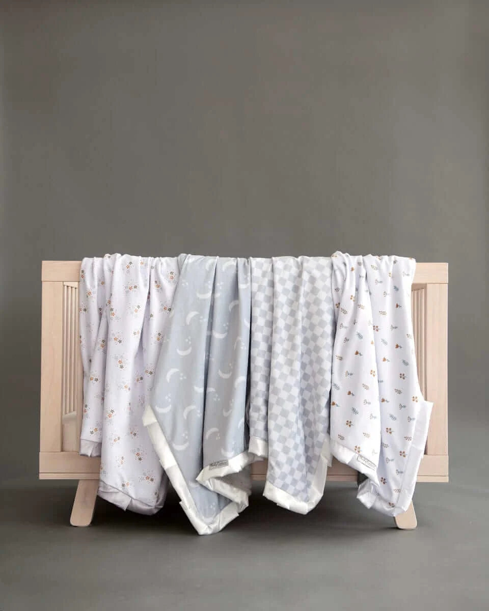 Moon and Stars Plush Blanket with Silver Gray Design, Satin Ruffle Edge and Mini, Infant or Tween Sizes