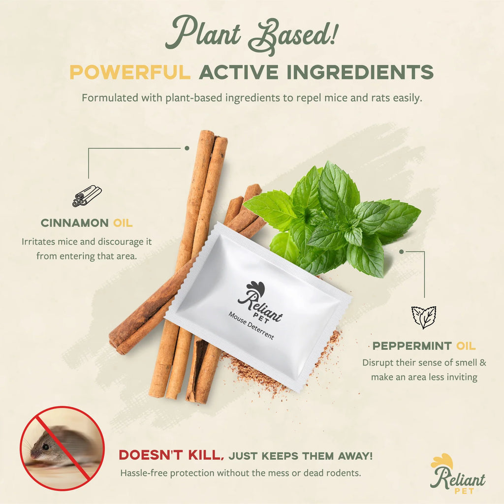 Mouse Repellent Pouches with Peppermint and Cinnamon Oils for Homes, Garages and Vehicles, Made in USA