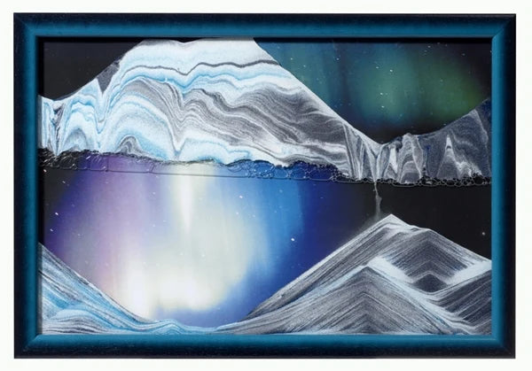 Moving Sand Art with an Aurora Borealis Background and a Rotating Wall Mount for Changing Landscapes