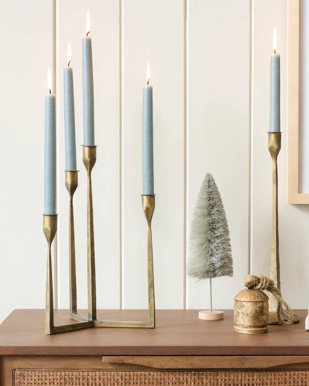 Multi Taper Candle Holder in Antique Brass Finish, Four Varying